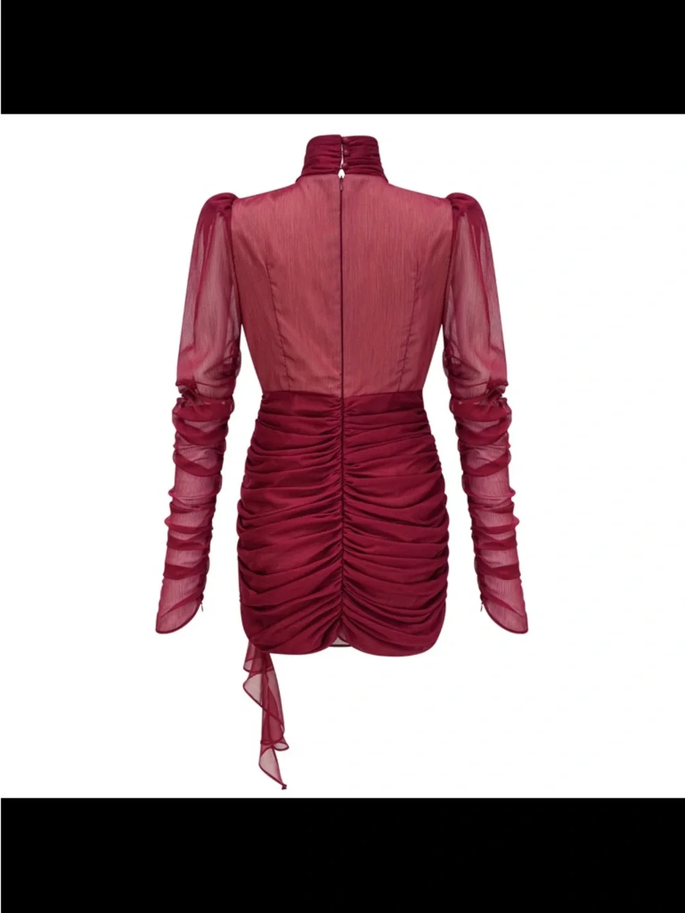 Ruched Burgundy Sheer Mini Dress with High Neck - Picture 3 of 3